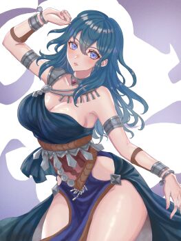 1girl alternate_costume ancient_greek_clothes arm_up armlet armpits bare_arms black_dress blue_eyes blue_hair blush breasts choker_jewel cleavage collarbone commentary dancer dancer_(fire_emblem:_three_houses) dancing dress female_byleth_(fire_emblem) fire_emblem fire_emblem:_three_houses gem greco-roman_clothes hair_between_eyes highres jewelry large_breasts long_hair long_sleeves looking_at_viewer nintendo parted_lips pelvic_curtain red_gem single-shoulder_dress single_strap solo symbol-only_commentary thick_thighs thighs zqzbq