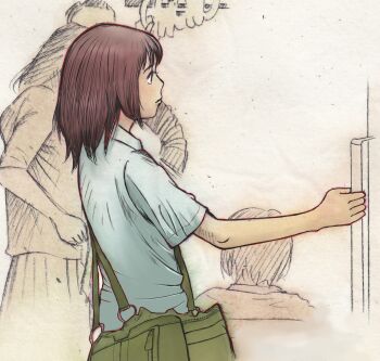 1other brown_eyes brown_hair character_request check_character closed_mouth commentary_request from_side green_bag highres hourou_musuko kotatutatuko long_hair looking_ahead nitori_shuuichi shirt short_sleeves solo upper_body white_shirt