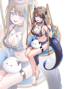 1girl absurdres airi_kanna anklet barefoot breasts brown_hair choker heart heart_choker highres horns jewelry large_breasts long_hair multicolored_hair nail_polish navel on_swing purple_eyes ssong2 stellive streaked_hair swing tail thighs virtual_youtuber