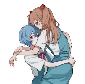 Rule 34 | 2girls, ayanami rei, blue eyes, blue hair, blue skirt, closed mouth, dango (uni 520), hair between eyes, hand on another's back, hand on another's waist, highres, hug, long hair, looking at viewer, multiple girls, neck ribbon, neon genesis evangelion, orange hair, red eyes, red ribbon, ribbon, school uniform, shirt, short hair, short sleeves, simple background, skirt, souryuu asuka langley, suspender skirt, suspenders, tokyo-3 middle school uniform, two side up, upper body, white background, white shirt, yuri