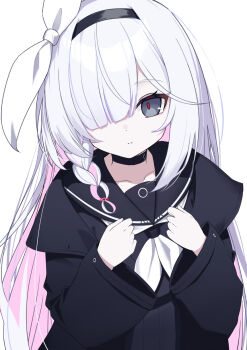 1girl black_choker black_coat black_eyes black_hairband black_sailor_collar black_serafuku blue_archive braid choker coat colored_inner_hair commentary_request hair_over_one_eye hairband highres long_hair long_sleeves looking_at_viewer multicolored_hair neckerchief neko_daruma pink_hair plana_(blue_archive) red_pupils ribbon sailor_collar school_uniform serafuku single_braid skirt solo very_long_hair white_hair white_neckerchief white_ribbon