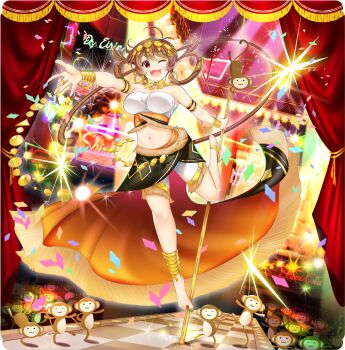 1girl alternate_costume alternate_hairstyle breasts brown_hair circlet cleavage clothing_request confetti curtains earrings full_body game_cg hair_rings heart heart_earrings highres indoors jewelry large_breasts looking_at_viewer midriff monkey monkey_girl monkey_tail navel official_art one_eye_closed open_mouth pole_dancing ring rotte_(1109) shorts smile solo son_biten strapless tail third-party_source touhou touhou_lostword transparent_background tube_top white_shorts white_tube_top