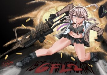 absurdres bolt_action cheytac_m200 explosion fos1x girls'_frontline girls'_frontline_2:_exilium gloves gun highres m200_(girls'_frontline) navel pink_hair rifle sniper_rifle sports_bra sportswear unbuttoned unbuttoned_shirt weapon