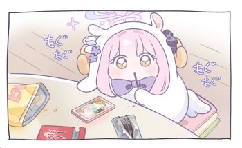 Rule 34 | 1girl, animal costume, bag of chips, blue archive, blush, bow, bowtie, chibi, chips (food), crumbs, eating, ekoru, feathered wings, food, food in mouth, halo, holding, holding food, holding pocky, looking at viewer, low wings, mika (blue archive), on pillow, phone, pillow, pink hair, pink halo, pocky, pocky in mouth, potato chips, purple bow, purple bowtie, sidelocks, solo, sound effects, sparkle, wings, yellow eyes
