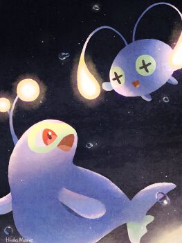 Rule 34 | air bubble, anglerfish, antennae, bubble, chinchou, colored sclera, commentary request, cross-shaped pupils, fins, fish, gen 2 pokemon, hidamarieart, highres, lanturn, nintendo, no humans, open mouth, pokemon, pokemon (creature), red eyes, smile, swimming, symbol-shaped pupils, underwater, water, yellow sclera