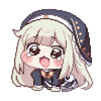 1girl all_fours black_dress black_veil blonde_hair blunt_bangs blush bow bowtie commentary_request dress full_body long_hair looking_at_viewer meme nun nun_headdress open_mouth orange_bow orange_bowtie pixel_art simple_background solo speaki_(trickcal) speakiposting_(meme) tearing_up tinia_etru trickcal veil white_background
