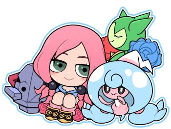 Rule 34 | 1girl, :>, chibi, commentary, crossover, flower, gen 3 pokemon, gen 8 pokemon, green eyes, hair bobbles, hair ornament, hattrem, highres, hirose yasuho, jojo no kimyou na bouken, jojolion, kabutom ue shi, nintendo, nosepass, pink hair, pink socks, pokemon, pokemon (creature), red flower, red rose, rose, roselia (pokemon), sitting, sleeveless, sleeveless jacket, socks, symbol-only commentary