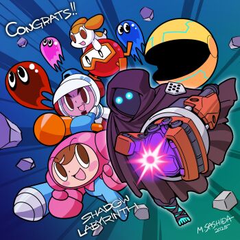 Rule 34 | 2025, absurdres, anime coloring, aqua belt, aqua bodysuit, aqua eyes, artist name, bandai namco, belt, black eyes, blinky (pac-man), blush stickers, bodysuit, brown cloak, brown eyes, brown facial hair, brown hair, brown hood, cloak, commentary request, company connection, congratulations, copyright name, cross-laced clothes, cross-laced legwear, crossover, dig dug, dog, emphasis lines, facial hair, full body, ghost, goatee, gradient background, guest art, helmet, highres, holding power drill, hood, hood up, hooded cloak, hori susumu, hori taizou, inky (pac-man), looking at another, mechanical hands, mr. driller, multicolored bodysuit, official art, open mouth, pac-man (game), pink bodysuit, pink helmet, pinky (pac-man), pooka (dig dug), puchi (mr. driller), puck (shadow labyrinth), rock, sashida minoru, second-party source, shadow labyrinth, signature, single mechanical hand, swordsman no. 8, tongue, toon (style), two-tone bodysuit, v-shaped eyebrows, white bodysuit, white helmet