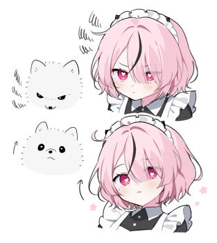 1girl angry animal blush closed_mouth dog eyelashes eyes_visible_through_hair flower headdress heart heart-shaped_pupils highres maid maid_headdress mole mole_under_eye multicolored_hair multiple_views original pink_eyes pink_hair portrait short_hair square streaked_hair symbol-shaped_pupils waka_(wk4444) white_background white_headdress