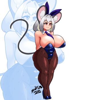 1girl alternate_breast_size_(larger) alternate_costume animal_ear_fluff animal_ears areola_slip arms_behind_back blue_leotard blue_shoes blush breasts brown_pantyhose closed_mouth commentary curvy detached_collar full_body grey_hair hair_intakes high_heels highres huge_breasts leotard mouse_ears mouse_girl mouse_tail nazrin necktie pantyhose playboy_bunny rabbit_ears red_eyes shoes short_hair signature smile solo standing tail touhou zedrin zoom_layer
