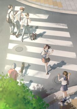 2girls 4boys animal backpack bag baseball_cap black_hair black_skirt blue_skirt brown_hair cellphone closed_eyes crosswalk dog from_above hand_to_own_mouth hat highres holding holding_phone macaronk manhole multiple_boys multiple_girls necktie open_mouth original outdoors pants pet_walking phone pleated_skirt ponytail red_shirt school_bag school_uniform shadow shirt short_hair short_sleeves skirt smartphone standing striped_necktie sweater_vest tactile_paving walking waving white_shirt