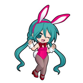 Rule 34 | 1girl, ;d, animal ear hairband, animal ears, ankle strap, aqua hair, black outline, blue eyes, bow, bowtie, breasts, chibi, chibi only, cleavage, detached collar, fake animal ears, fake tail, full body, game asset, grey pantyhose, hair between eyes, hairband, hatsune miku, hatsune miku graphy collection, high-ended braid, high heels, leotard, long hair, looking at viewer, low twintails, one eye closed, open mouth, outline, pantyhose, pink hairband, pink leotard, playboy bunny, rabbit ear hairband, rabbit ears, rabbit tail, red bow, red bowtie, red shoes, shoes, smile, solo, standing, strapless, strapless leotard, strappy heels, tail, transparent background, twintails, very long hair, vocaloid, w arms, white wrist cuffs, wrist cuffs