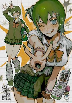 3girls bag bag_charm bead_bracelet beads blue_eyes blush bow bowtie bracelet breasts bug butterfly cardigan cellphone cellphone_charm charm_(object) closed_eyes clothes_around_waist ermes_costello fingernails flip_phone foo_fighters_(jojo) green_cardigan green_hair green_nails green_shoes green_skirt grid_background grin gyaru hair_ornament hair_scrunchie hairclip highres insect jewelry jojo_no_kimyou_na_bouken kogal kuujou_jolyne leg_warmers looking_at_viewer loose_socks miniskirt multiple_girls multiple_views nail_polish neg_50asu one_eye_closed one_side_up orange_bow orange_bowtie phone plaid_clothes plaid_skirt pleated_skirt school_bag school_uniform scrunchie shirt shoes short_hair short_sleeves shoulder_bag skirt smile socks sparkle stone_ocean teeth tongue tongue_out v white_shirt wrist_scrunchie