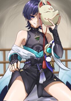 1boy aqua_gemstone aqua_kimono arm_at_side armor armpit_crease belt black_belt black_bodysuit black_bow black_bridal_gauntlets black_shorts blunt_ends bodysuit bow bridal_gauntlets clothing_cutout covered_collarbone cowboy_shot empty_eyes eyeliner eyeshadow feathers fingernails fox_mask furisode gem genshin_impact gold_ring hand_up highres hip_vent holding holding_mask japanese_armor japanese_clothes juban kimono kote kurokote looking_at_viewer makeup male_focus mandarin_collar mask mask_over_one_eye middle_ring off_shoulder open_clothes open_kimono parted_lips pectorals pom_pom_(clothes) purinigax purple_eyes purple_hair purple_rope purple_sash red_eyeliner red_eyeshadow rope sash scaramouche_(genshin_impact) shorts shorts_lift skin_tight smile solo tassel tsurime vision_(genshin_impact) wanderer_(genshin_impact) white_kimono white_mouth yellow_feathers