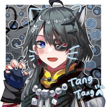 Rule 34 | 1girl, ahoge, animal ears, arknights, arknights: endfield, artist name, black gloves, black hair, blue eyes, blue sealad, blush, border, cat ears, cat girl, character name, claw pose, commentary, earrings, eyepatch, fang, fingerless gloves, gloves, grey hair, hair between eyes, hair ornament, hand up, jacket, jewelry, looking at viewer, open mouth, outline, paw print, shirt, smile, solo, tangtang (arknights), upper body, white border, white outline