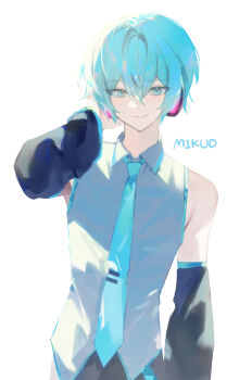 Rule 34 | 1boy, 7731nm, absurdres, arm up, bare shoulders, blue necktie, character name, closed mouth, collarbone, collared shirt, commentary request, detached sleeves, double-parted bangs, green eyes, green hair, grey shirt, hatsune mikuo, headphones, highres, korean commentary, looking at viewer, male focus, necktie, shirt, simple background, sleeveless, sleeveless shirt, smile, solo, vocaloid, white background, wing collar