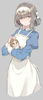 1girl absurdres apron blue_shirt blush brown_hair character_doll chibigurumi commentary_request cropped_legs doll frilled_apron frills gakuen_idolmaster hairband highres hiwatari_kanae hugging_doll hugging_object idolmaster juliet_sleeves kuramoto_china light_smile long_sleeves looking_at_viewer maid maid_apron puffy_sleeves shirt shoukichi_(shony) simple_background solo white_apron white_hairband