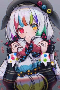 beret bow grabbing_own_hair hairband hat heterochromia highres holding holding_own_hair jogasaki_noah lolita_hairband looking_to_the_side magical_girl mahou_shoujo_no_majo_saiban multi-tied_hair multicolored_hair polka_dot polka_dot_bow pout sulking unhappy v-shaped_eyebrows watermark white_hair yokuto