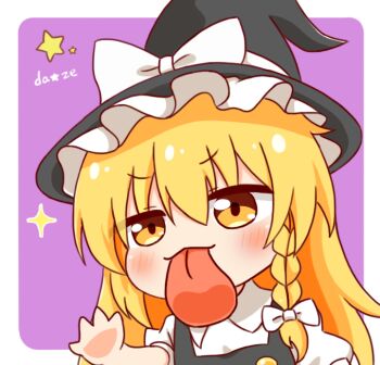 1girl black_hat blonde_hair bow braid chibi chibi_only collared_shirt commentary_request hair_between_eyes hakurei_reimu hat long_hair purple_background shirt short_sleeves solo touhou white_bow white_shirt yellow_eyes yige_lurenjia