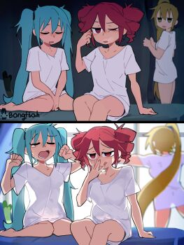 3girls :q absurdres akita_neru artist_name blonde_hair bongftah breasts closed_eyes commentary curtains drill_hair hatsune_miku highres implied_cunnilingus kasane_teto kasane_teto_(utau) long_hair looking_at_another medium_breasts multiple_girls open_mouth red_eyes red_hair see-through_clothes see-through_shirt shirt short_hair short_sleeves side_ponytail sitting sleepy symbol-only_commentary t-shirt tongue tongue_out twin_drills utau very_long_hair white_shirt window yawning