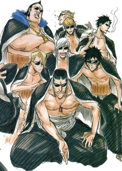 akon black_hair bleach blonde_hair blood chain chain_necklace cigarette closed_mouth collarbone crossed_arms hisagi_shuuhei horns iba_tetsuzaemon iemura_yasochika japanese_clothes jewelry kira_izuru kubo_tite long_hair looking_at_viewer multiple_boys necklace official_art ogido_harunobu oomaeda_marechiyo open_mouth second-party_source shihakusho short_hair simple_background smoking spiked_hair sunglasses ukitake_juushirou white_background white_hair