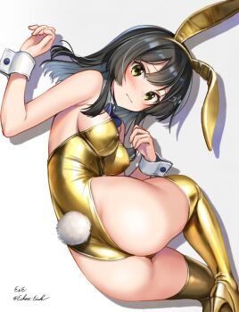 1girl absurdres animal_ears armpits black_hair breasts closed_mouth commentary_request covered_erect_nipples cowboy_shot eckert&amp;eich gold_shoes gold_thighhighs hair_ornament hairpin high_heels highres kantai_collection kneehighs long_hair looking_at_viewer medium_breasts off_shoulder oyashio_(kancolle) playboy_bunny rabbit_ears shoes sideboob simple_background socks solo white_background wide_hips yellow_eyes
