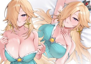 1girl arm_behind_head arm_up bed_sheet blonde_hair blue_eyes blush breasts brooch cleavage collarbone commentary crown earrings english_commentary hair_over_one_eye hand_on_own_chest hands_up highres jewelry large_breasts long_hair looking_at_viewer lying mario_(series) multiple_views murmoruno nightgown nintendo on_back pulling_own_clothes rosalina star_(symbol) star_brooch star_earrings