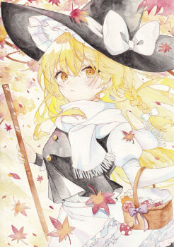 1girl absurdres apron autumn autumn_leaves basket black_hat black_vest blonde_hair blush bow braid closed_mouth commentary_request falling_leaves hair_bow hat hat_bow highres holding juliet_sleeves kirisame_marisa leaf long_hair long_sleeves looking_at_viewer mushroom painting_(medium) puffy_sleeves ringo33757 scarf side_braid single_braid solo touhou traditional_media vest waist_apron watercolor_(medium) white_apron white_bow white_scarf witch_hat yellow_eyes
