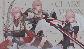 Rule 34 | 1girl, absurdres, armor, armpits, black sleeves, blue eyes, blue gloves, cape, character name, commentary, detached sleeves, elbow gloves, english commentary, falling petals, final fantasy, final fantasy xiii, final fantasy xiii-2, fingerless gloves, gloves, grey background, highres, holding, holding sword, holding weapon, jacket, lightning farron, lightning returns: final fantasy xiii, lips, long hair, looking to the side, multiple views, official alternate costume, parted lips, petals, pink hair, red petals, shoulder armor, shoulder pads, sleeveless, sleeveless turtleneck, sweater, sword, turtleneck, turtleneck sweater, upper body, weapon, white cape, white jacket, yuki lu, zipper