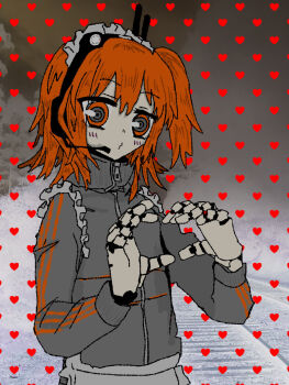 Rule 34 | 1girl, a.i. voice, adachi rei, alternate costume, android, commentary, grey jacket, headset, heart, heart background, heart hands, high collar, highres, jacket, jersey maid, joints, long sleeves, maid, maid headdress, medium hair, one side up, orange eyes, own hands together, robot joints, solo, track jacket, unconventional maid, upper body, utau, yume hapi (donndmwjajsiev), zipper