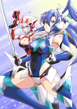 2girls ahoge blue_eyes blue_hair blue_leotard breasts cleavage floating_hair gloves gun hair_between_eyes hair_ornament holding holding_gun holding_sword holding_weapon kazanari_tsubasa koizumi_akira_(artist) large_breasts leotard long_hair looking_at_viewer medium_breasts multicolored_leotard multiple_girls purple_eyes senki_zesshou_symphogear smile sword thighhighs two-tone_leotard weapon white_hair yukine_chris