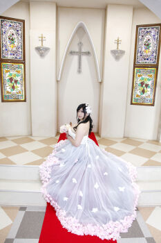 1girl asian black_hair breasts bride chouzuki_maryou cleavage dress highres lipstick makeup photo_(medium) plump solo wedding_dress