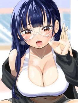 1girl 35-miya-7375 black_hair blush boku_no_kokoro_no_yabai_yatsu breasts brown_eyes cleavage collarbone commentary_request glasses grey_hoodie grey_shorts hand_up highres hood hoodie large_breasts long_hair long_sleeves looking_at_viewer navel off_shoulder open_mouth shorts sitting solo sports_bra white_sports_bra yamada_anna