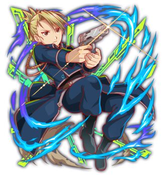 1girl aiguillette amestris_military_uniform anime_coloring ankle_boots artist_request belt black_boots black_collar black_shirt blonde_hair blue_collar blue_jacket blue_pants blue_sleeves boots breast_pocket brown_belt brown_eyes buttons closed_mouth collar collared_jacket crash_fever earrings finger_on_trigger fingernails folded_ponytail frown full_body fullmetal_alchemist game_cg glint gun handgun holding holding_gun holding_weapon jacket jewelry looking_ahead military_jacket military_uniform number_print numbered official_art official_style outline pants plain_epaulettes pocket ponytail print_jacket red_outline riza_hawkeye shirt short_hair silver_trim simple_background solo square square_print third-party_source transparent_background undershirt undershirt_peek v-shaped_eyebrows waist_cape weapon wing_collar