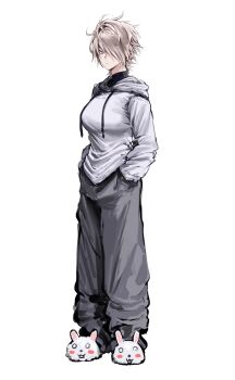 1girl :/ animal_slippers blonde_hair breasts bunny_slippers commentary full_body grey_pants hair_over_one_eye half-closed_eyes hands_in_pockets highres hood hood_down hoodie large_breasts long_sleeves looking_at_viewer original pants purple_eyes reese_(ulularts) short_hair simple_background sketch slippers solo symbol-only_commentary tomboy ulularts white_background white_hoodie