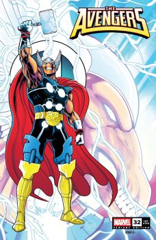 1boy alien arm_up armor avengers_(series) beta_ray_bill boots cape colored_skin comic_cover commentary copyright_logo copyright_name english_commentary english_text floating_cape full_body gloves hammer helmet highres holding holding_hammer holding_weapon lightning logo lucianovecchio male_focus marvel mjolnir_(marvel) multiple_views muscular muscular_male no_pupils official_art orange_skin profile red_cape solo teeth thor_(marvel)_(series) weapon western_comics_(style) white_gloves winged_helmet yellow_boots