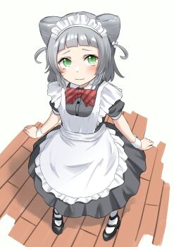 1girl alternate_costume apron black_dress blush bow bowtie closed_mouth double_bun dress frills full_body green_eyes grey_hair hair_bun highres kashiwagi_mia kinakollll looking_at_viewer maid maid_apron maid_headdress mary_janes ongeki pantyhose puffy_short_sleeves puffy_sleeves red_bow shoes short_sleeves sitting smile solo white_apron wooden_floor wrist_cuffs