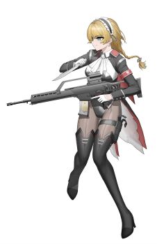 1girl absurdres adapted_costume armband assault_rifle black_boots black_jacket black_leotard black_pantyhose blonde_hair blue_eyes boots braid centaureissi_(neural_cloud) centaureissi_unbound_wings_(neural_cloud) cheogtanbyeong closed_mouth combat_knife commentary_request earrings full_body g36_(girls&#039;_frontline) girls&#039;_frontline girls&#039;_frontline_neural_cloud gloves gun h&amp;k_g36 high_heel_boots high_heels highres holding holding_knife jacket jewelry knife korean_commentary leotard maid_headdress open_clothes open_jacket pantyhose red_armband rifle simple_background solo thigh_boots thigh_sheath trigger_discipline weapon white_background white_gloves