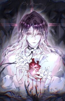 1girl absurdres blood blood_on_hands character_name chinese_commentary collarbone collared_shirt commentary dress_shirt expressionless flower gradient_hair hair_between_eyes happy_birthday heart_(organ) highres holding_heart_(organ) looking_at_viewer multicolored_hair neck_flower path_to_nowhere puffy_sleeves purple_eyes purple_hair shalom_(path_to_nowhere) shirt signature solo straight-on symbolism tangxi upper_body white_flower white_hair white_shirt