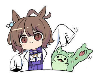 >:) 1girl agnes_tachyon_(umamusume) ahoge animal_ears arm_up bow brown_eyes brown_hair chibi closed_mouth crossover gen_5_pokemon hair_between_eyes highres horse_ears kawamochi_(kawauti919) lab_coat long_sleeves motion_lines nintendo open_clothes pleated_skirt pokemon pokemon_(creature) purple_shirt purple_skirt reuniclus school_uniform shirt simple_background skirt sleeves_past_fingers sleeves_past_wrists smile tracen_school_uniform umamusume v-shaped_eyebrows white_background white_bow