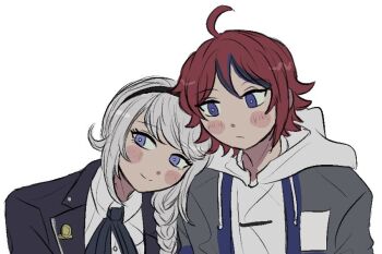 1boy 1girl black_hair black_hairband black_jacket black_ribbon blush_stickers braid closed_mouth commission grey_hair grey_jacket hairband hood hood_down hoodie jacket kirifuji_nozomi ko-fi_commission long_hair looking_at_another multicolored_hair nana_(7starssovereign) neck_ribbon open_clothes open_jacket purple_eyes red_hair ribbon short_hair simple_background smile streaked_hair sumino_takumi the_hundred_line_-last_defense_academy- two-tone_hair white_background white_hoodie