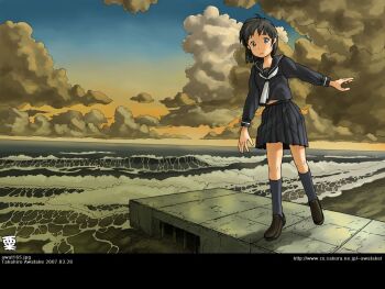 1girl awatake_takahiro black_serafuku cloud jetty looking_at_viewer midriff midriff_peek necktie ocean original pier scenery school_uniform serafuku shore waves white_necktie