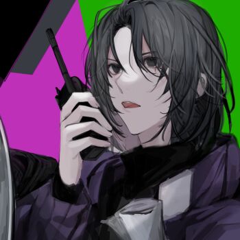 Rule 34 | 1girl, black eyes, black hair, black shirt, bob cut, colored inner hair, commentary request, han sooyoung, hayu beck, highres, holding, holding walkie-talkie, hood, hood down, jacket, korean commentary, multicolored hair, omniscient reader's viewpoint, open mouth, purple jacket, scroll, shirt, short hair, solo, talking, upper body, walkie-talkie