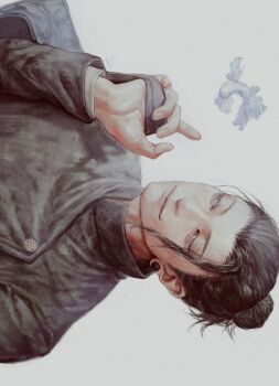 1boy bag black_hair closed_mouth commentary_request fish getou_suguru hair_bun hair_pulled_back highres holding holding_bag jujutsu_kaisen jujutsu_tech_uniform looking_to_the_side male_focus oct_61396020 plug_(piercing) school_uniform sideways solo upper_body