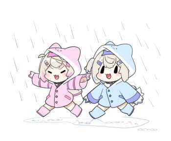 2girls :3 =_= bandaid bandaid_hair_ornament blonde_hair blue_boots blue_hair blue_hairband blue_raincoat blush blush_stickers boots buttons chibi closed_eyes commentary dog_girl dog_tail english_commentary full_body fuwawa_abyssgard hair_ornament hairband hairclip hololive hololive_english hood hood_up long_sleeves mococo_abyssgard multicolored_hair multiple_girls open_mouth outstretched_arms pink_boots pink_hair pink_hairband pink_raincoat puddle rain raincoat ripples rubber_boots siblings simple_background sisters smile snowmya spread_arms streaked_hair tail twins v-shaped_eyebrows virtual_youtuber water white_background