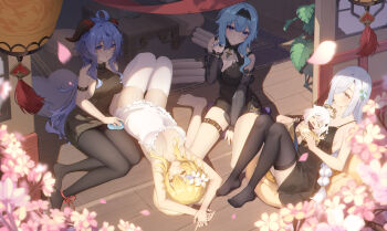 5girls :o absurdres ahoge alternate_costume ankle_ribbon arm_strap armpits arms_up asymmetrical_hair bare_arms bare_shoulders barefoot belt between_legs black_dress black_hairband black_pantyhose black_thighhighs blonde_hair blue_hair blue_nails blush braid breasts camisole cherry_blossoms claw_pose cleavage closed_mouth dress eula_(genshin_impact) falling_petals feet flower frilled_camisole frills frown ganyu_(genshin_impact) garter_straps genshin_impact goat_horns gradient_eyes hair_flower hair_ornament hair_over_one_eye hairband hand_between_legs heart heiyizhushenxia highres horns knees_up lace lace-trimmed_dress lace_trim lantern large_breasts leg_ribbon legs long_hair looking_at_viewer low-braided_long_hair low-tied_long_hair low_ponytail lumine_(genshin_impact) lying medium_breasts multicolored_eyes multiple_girls nail_polish no_shoes on_back one_eye_covered open_mouth paimon_(genshin_impact) pantyhose paper_lantern petals plant ponytail potted_plant purple_eyes ribbon scroll see-through_clothes see-through_sleeves shenhe_(genshin_impact) short_hair_with_long_locks sideboob sidelocks single_braid sitting sleeping sleeveless sleeveless_dress sleeveless_sweater sleeveless_turtleneck slime_(genshin_impact) smile spaghetti_strap sundress sweater sweater_dress table tassel thigh_belt thigh_strap thighhighs thighs toes turtleneck turtleneck_sweater very_long_hair wariza white_flower white_garter_straps white_hair white_thighhighs wooden_floor yellow_eyes yokozuwari zettai_ryouiki