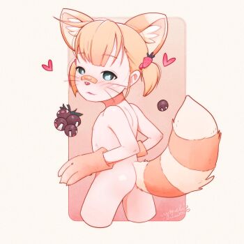 1girl animal_ear_fluff animal_ears ass bandaid bandaid_on_face bandaid_on_nose blonde_hair blue_eyes blush cowboy_shot cropped_legs female_focus flat_chest food-themed_hair_ornament from_behind gloves hair_ornament heart highres loli looking_at_viewer looking_back monchichiwa nipples nude original paw_gloves raccoon_tail short_hair short_twintails solo strawberry_hair_ornament tail thighs twintails