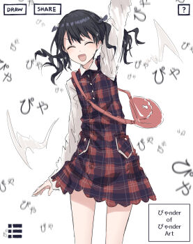 1girl ^_^ arm_up black_hair closed_eyes collared_shirt commentary cowboy_shot dress facing_viewer fake_screenshot fukumaru_koito highres idolmaster idolmaster_shiny_colors long_hair long_sleeves medium_hair open_mouth pinafore_dress plaid_clothes plaid_dress red_dress shirt short_dress sleeveless sleeveless_dress solo translation_request twintails user_interface white_shirt yukitake_(bullfalk)