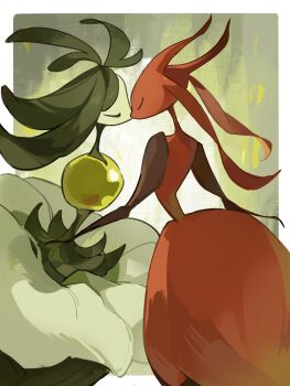 2girls ant_girl antennae arthropod_girl black_eyes closed_eyes colored_skin dress flower highres hollow_knight hollow_knight:_silksong kiss looking_at_another momosannnnnnn monster_girl multiple_girls nyleth_(hollow_knight) plant_girl red_dress red_skin skarrsinger_karmelita_(hollow_knight) white_flower yuri
