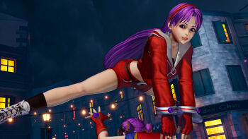 1girl 3d asamiya_athena ass breasts female_focus game_screenshot gloves hairband highres jacket large_breasts long_hair long_sleeves purple_eyes purple_hair shoes shorts smiley_face snk socks star_(symbol) the_king_of_fighters the_king_of_fighters_xv thighs wide_hips